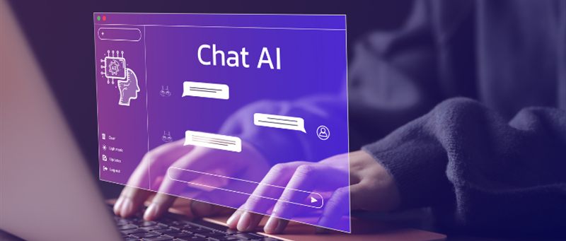 Person typing on a laptop with an AI chat window on screen